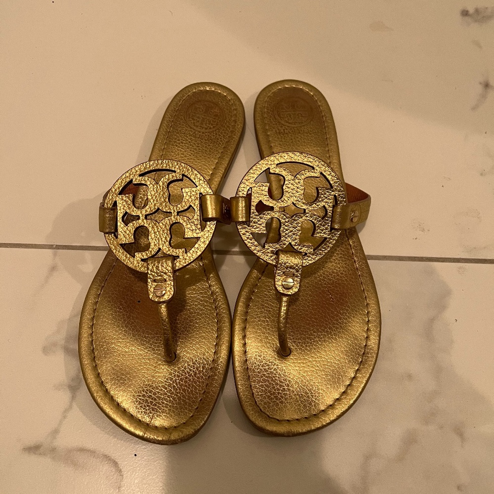 Tory Burch Metallic Gold Tumbled Leather Miller Sandals